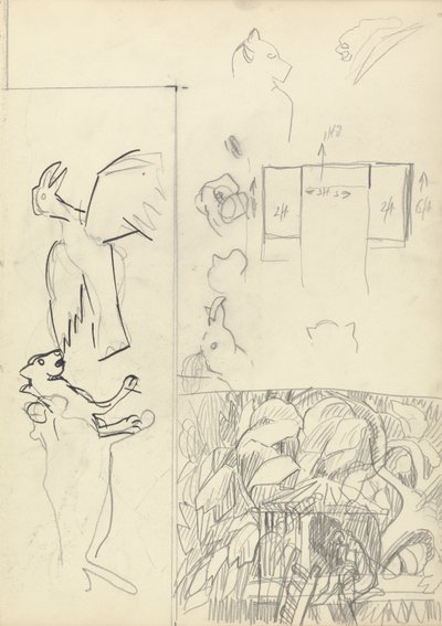 Studies of Tree Houses, Animals, and Floor Plan, for the Cave of the Golden Calf by Spencer Frederick Gore